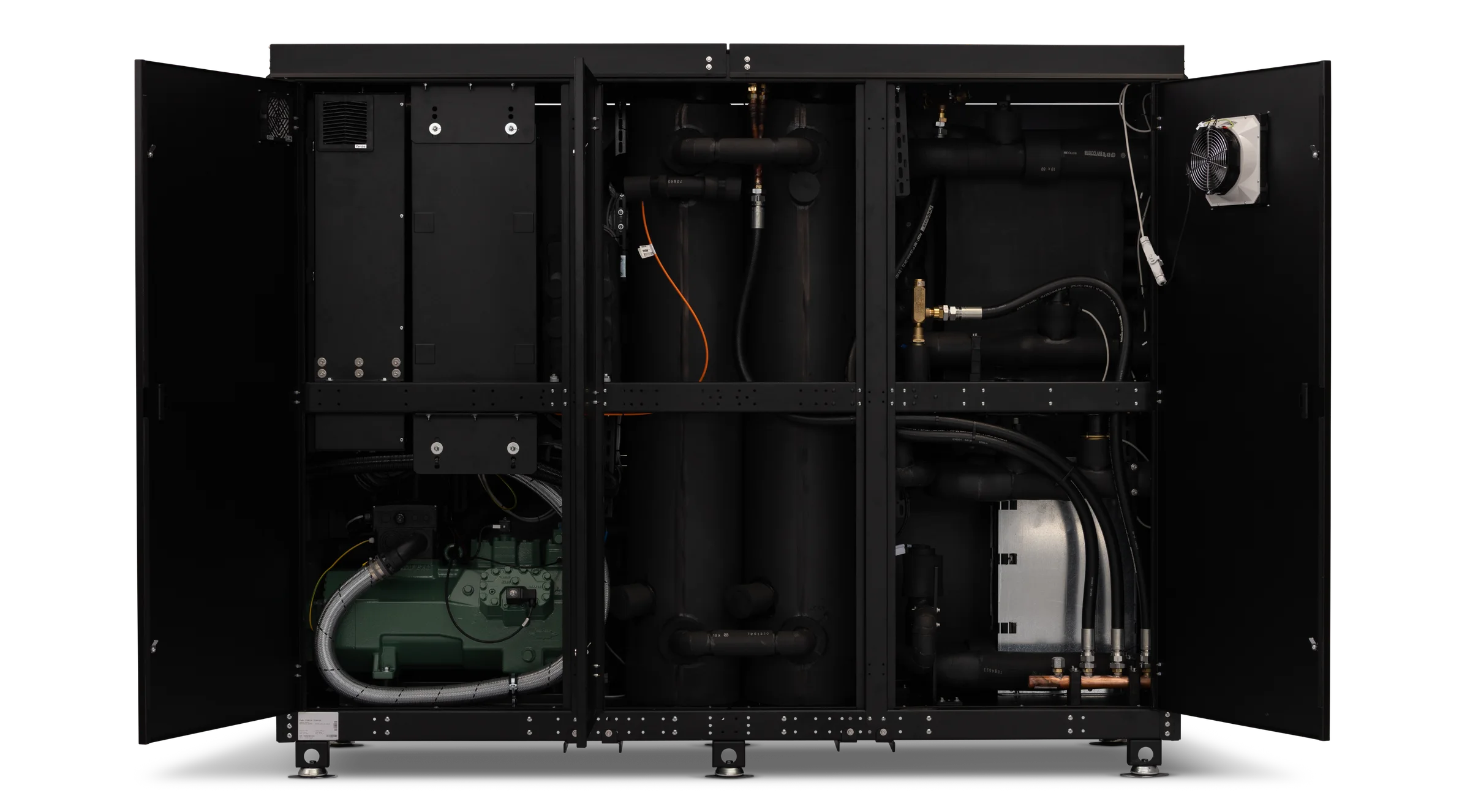 The Aqua heat pump cabinet with its doors open, showing the control system, Bitzer compressor, dual liquid receivers and gas cooler.