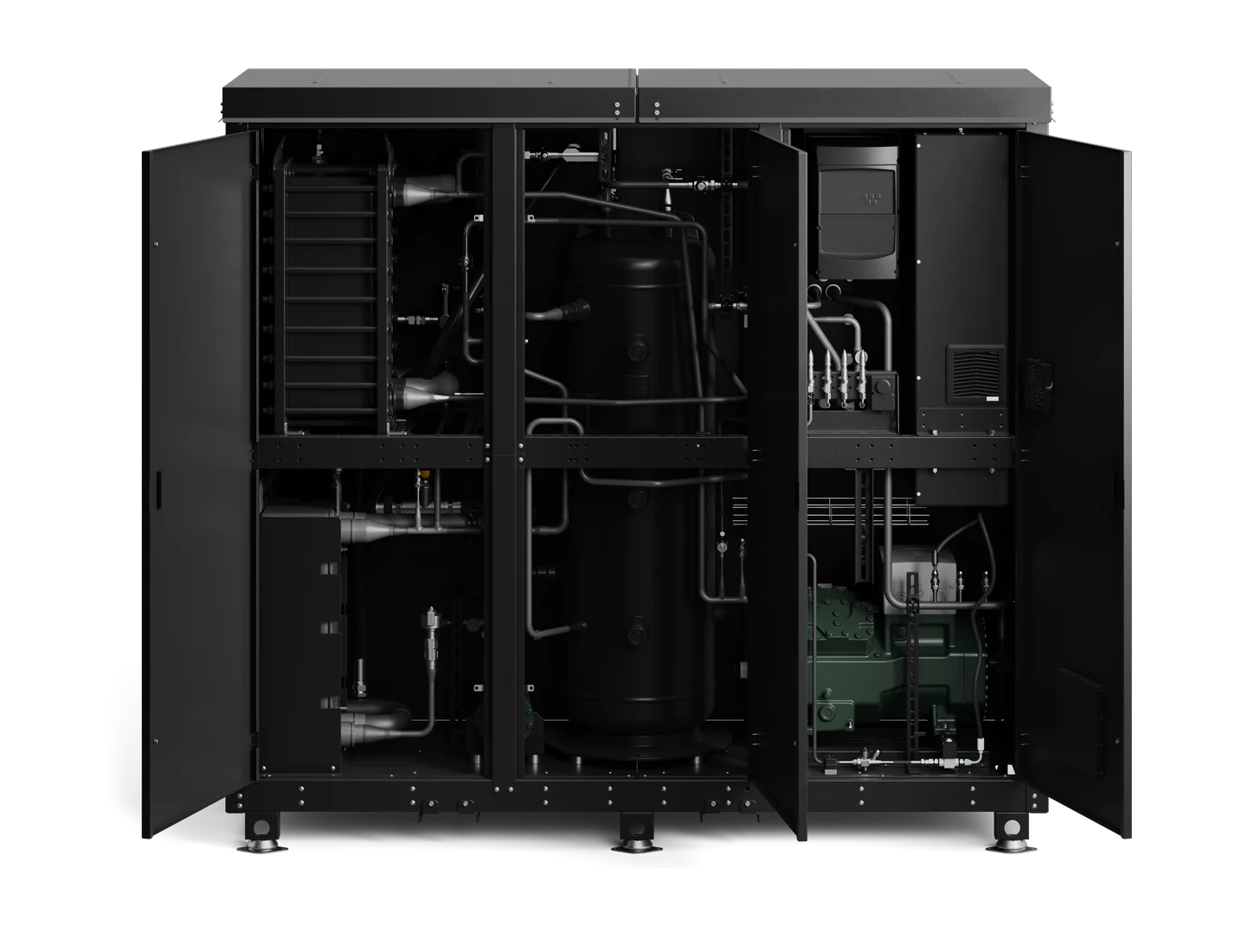 Tequs Aqua heat pump cabinet with doors open, showing the CO₂ system inside