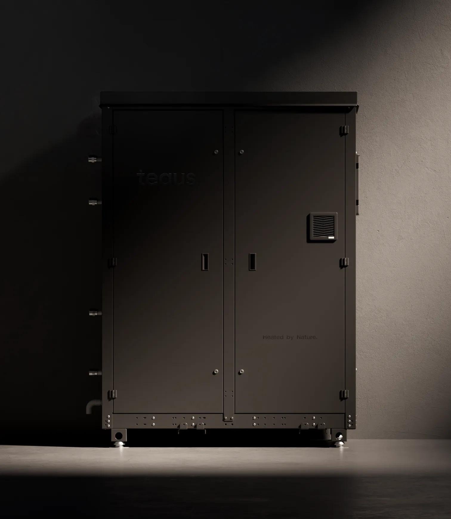 Tequs Aqua heat pump cabinet in a dark room