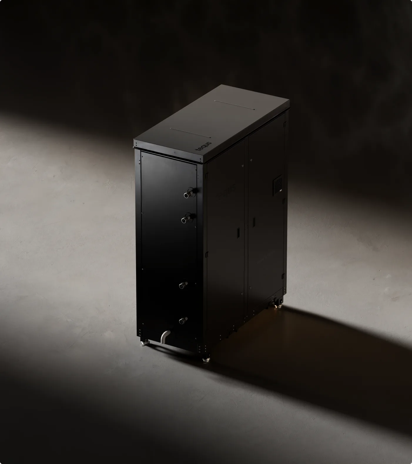 Black server or computer tower cabinet with glass front door and metal casters, positioned in dramatic studio lighting against dark background.