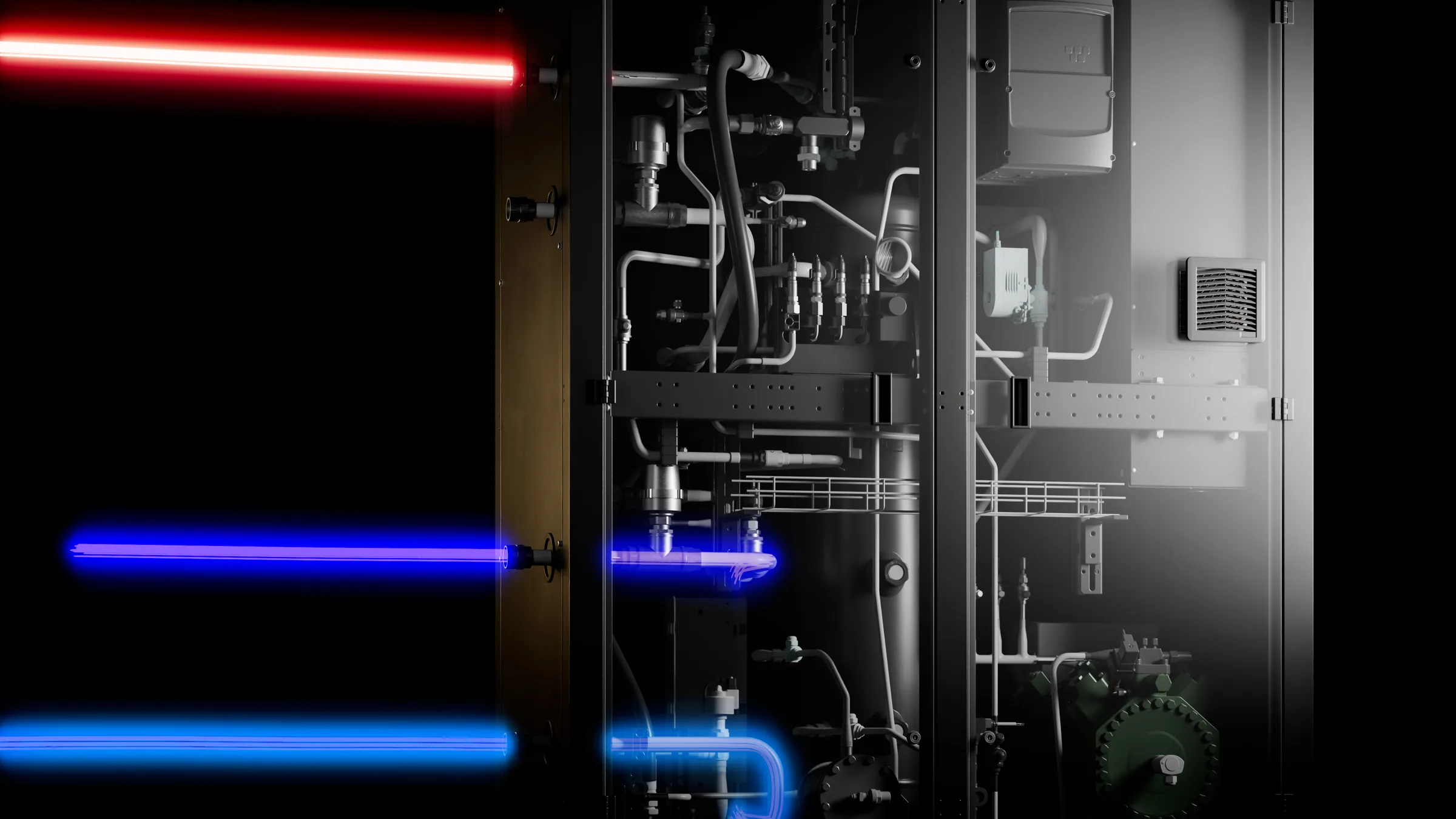 Inside a Tequs Aqua unit, pipework lit in red and blue