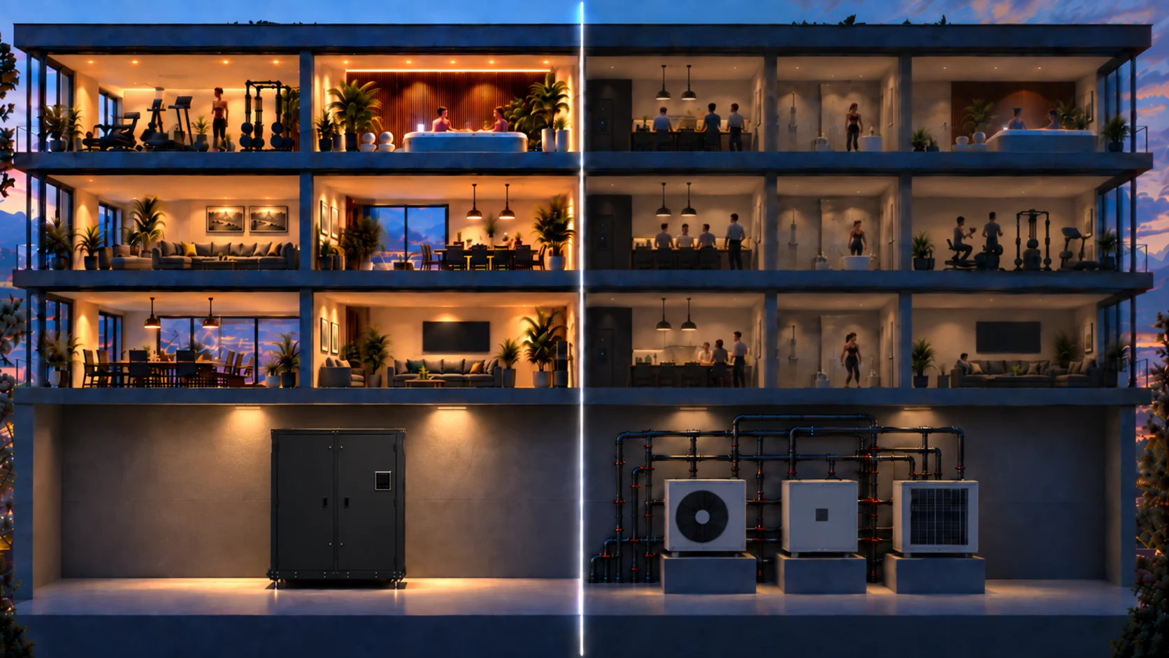 Cross-section of a building at dusk: the left half is heated by one Tequs unit, the right half by an older system with several separate units.